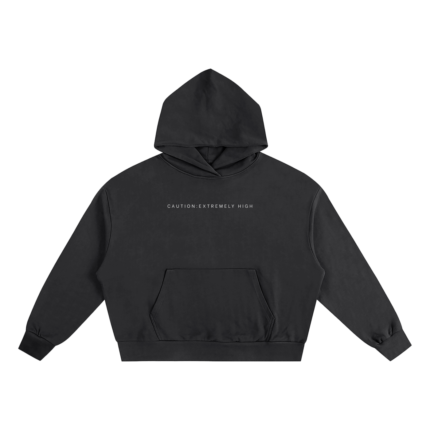 Caution: Extremely High Black hoodie with text on a white background 